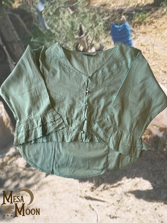 Papillon Blanc Tops - Vintage Papillon Boho Sage Green Button-Front Ruffle Blouse